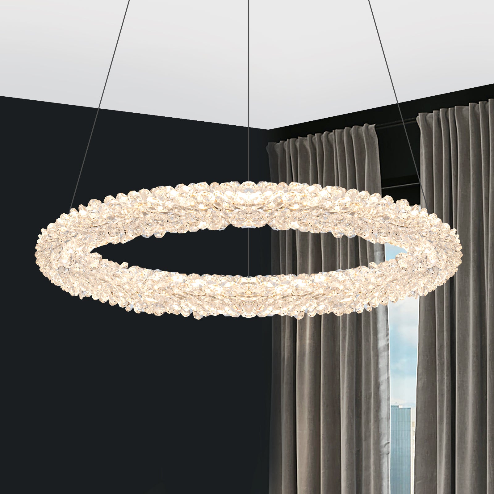1-Light Modern Gold Metal Ring Crystal Integrated LED Pendant Light Dimmable Chandelier for Dining Room