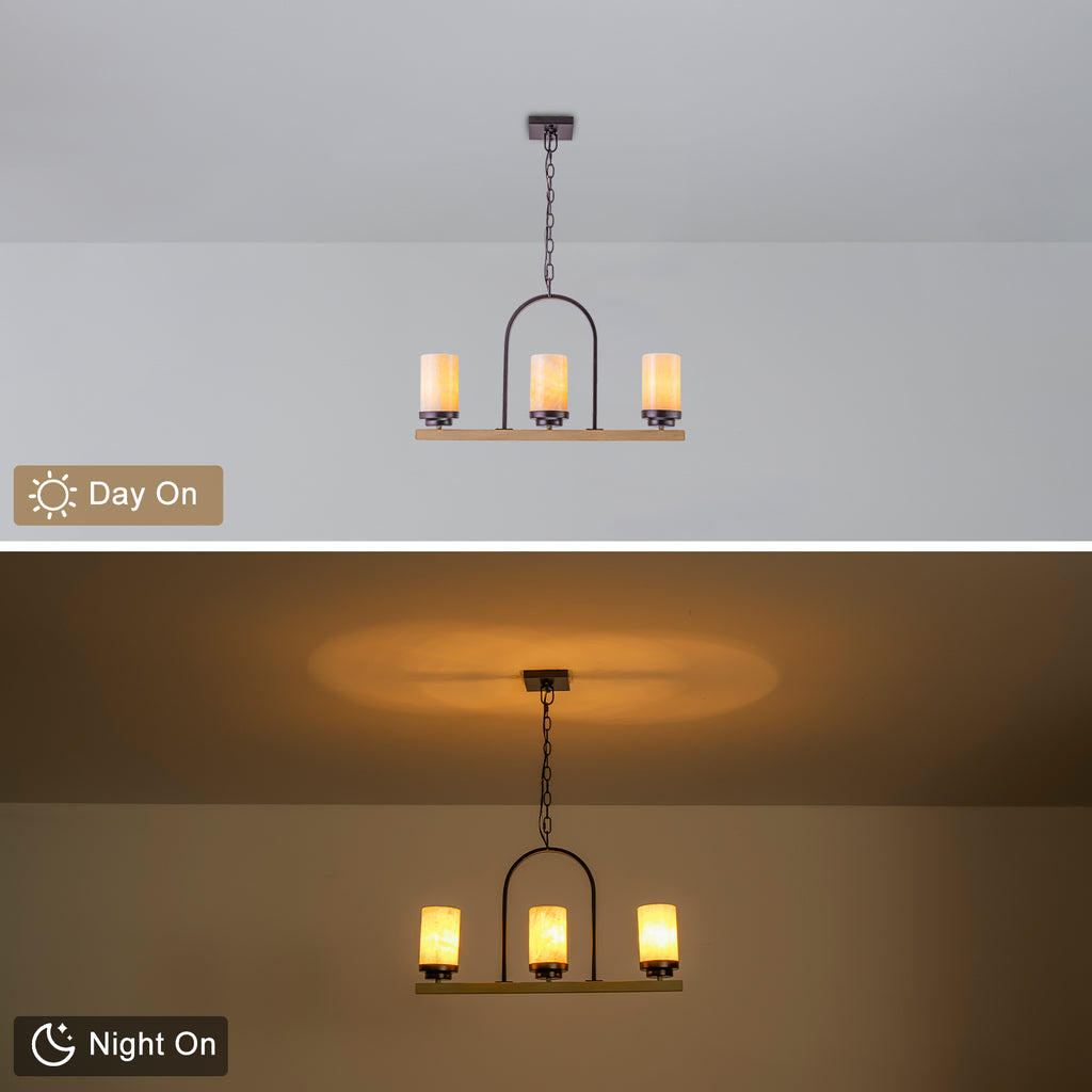 25 in. 3-Light Rustic Industrial Onyx Pendant Light w/Faux Wood Accent & U-Shaped Iron Frame