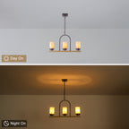 25 in. 3-Light Rustic Industrial Onyx Pendant Light w/Faux Wood Accent & U-Shaped Iron Frame