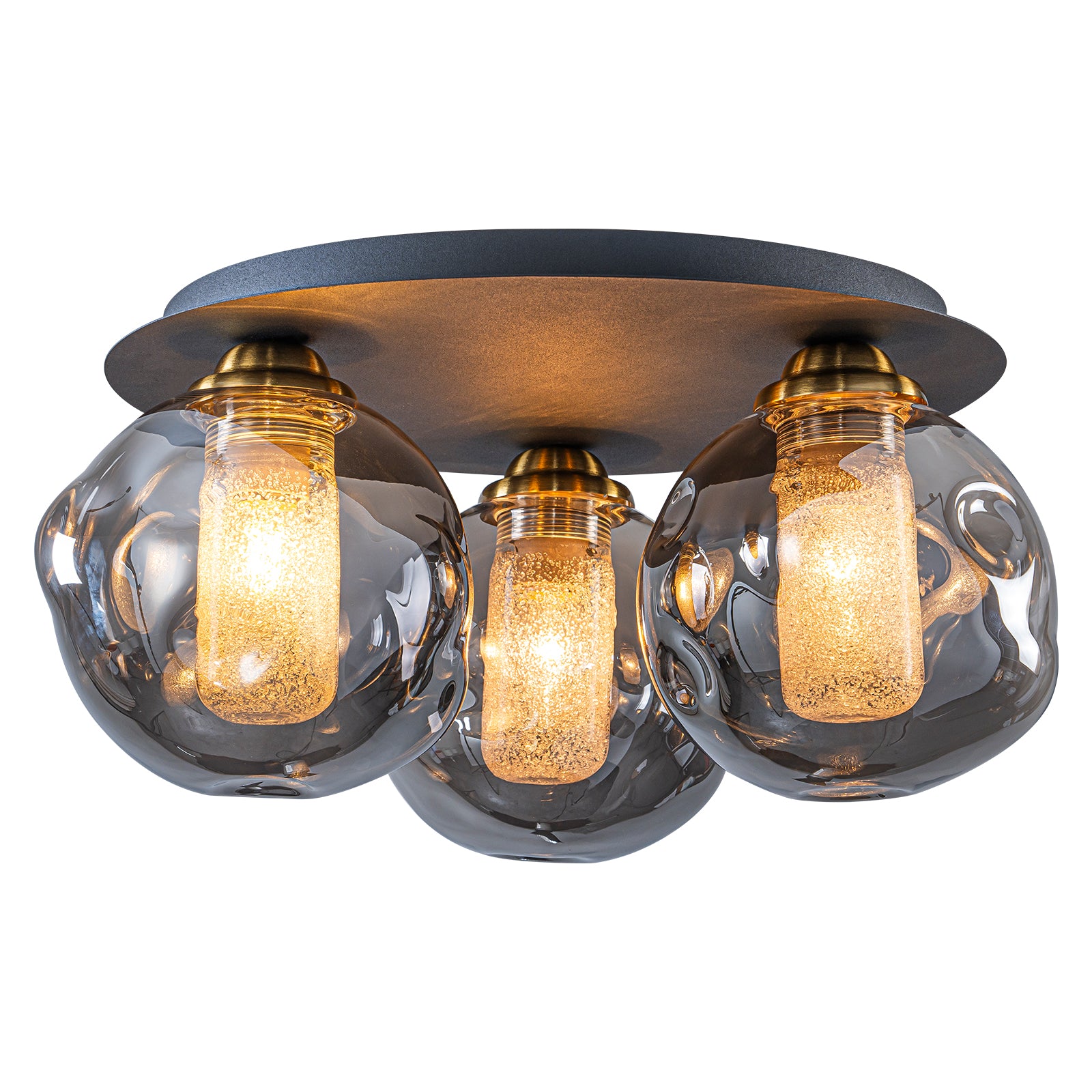 17.7 in. 3-Light Modern Black Metal Flush Mount Ceiling Light with Globe Smoky Gray Glass Shades for Dining Roo