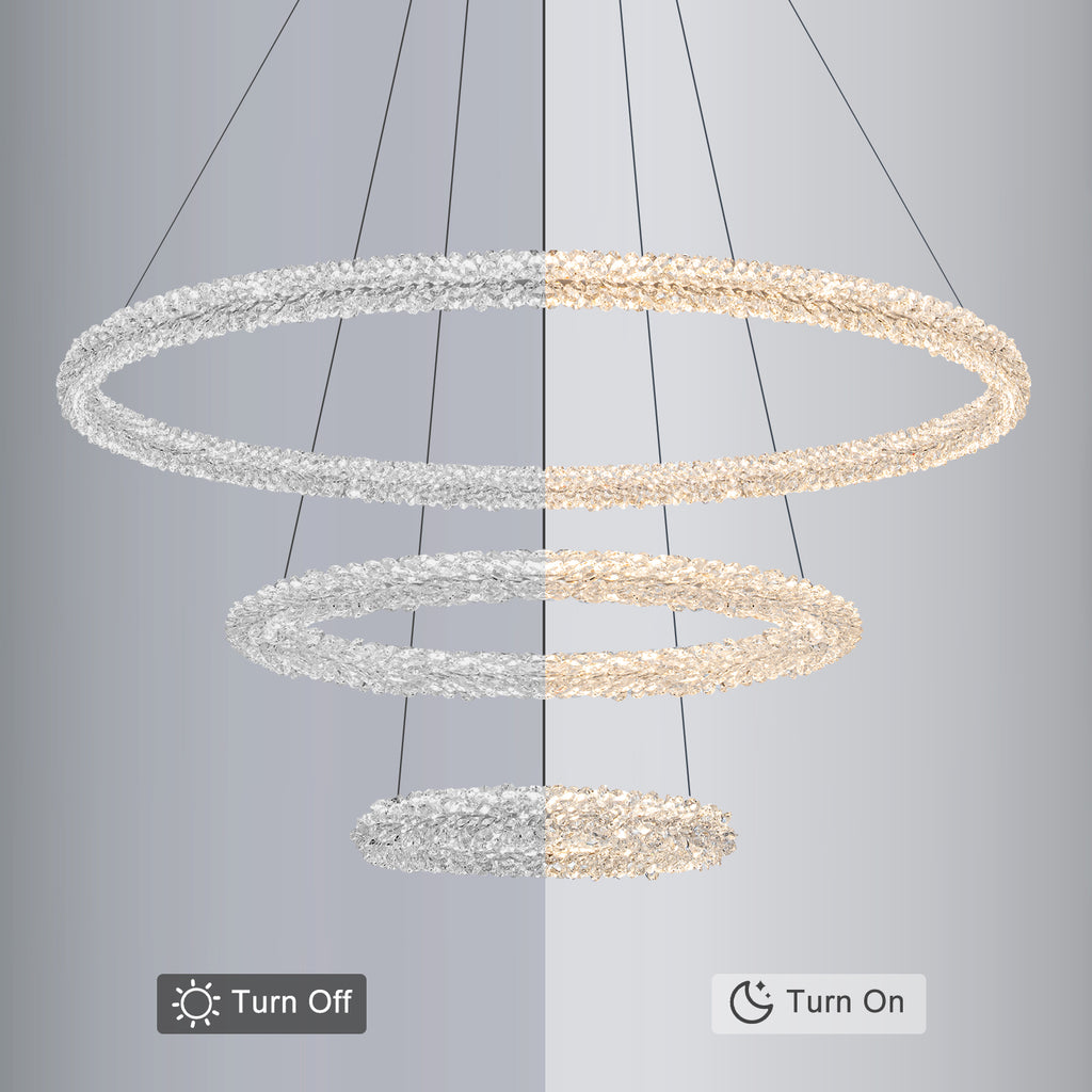 3-Light Modern Gold Ring Dimmable Integrated LED Chandelier Tiered Pendant Light with Crystal for Dining Room