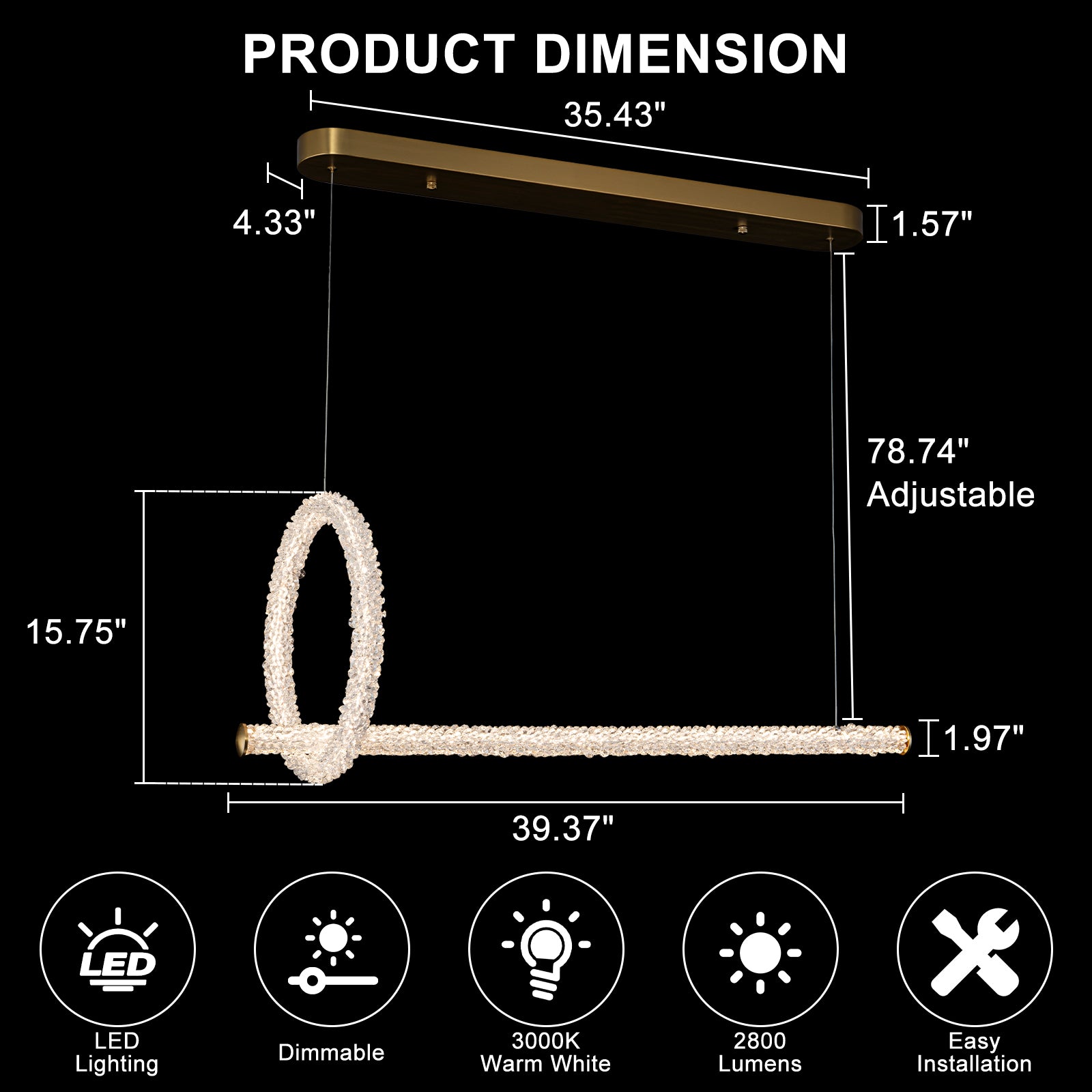 2-Light Modern Luxury Gold Ring & Bar Dimmable Integrated LED Chandelier Pendant Light with Crystal for Dining Room
