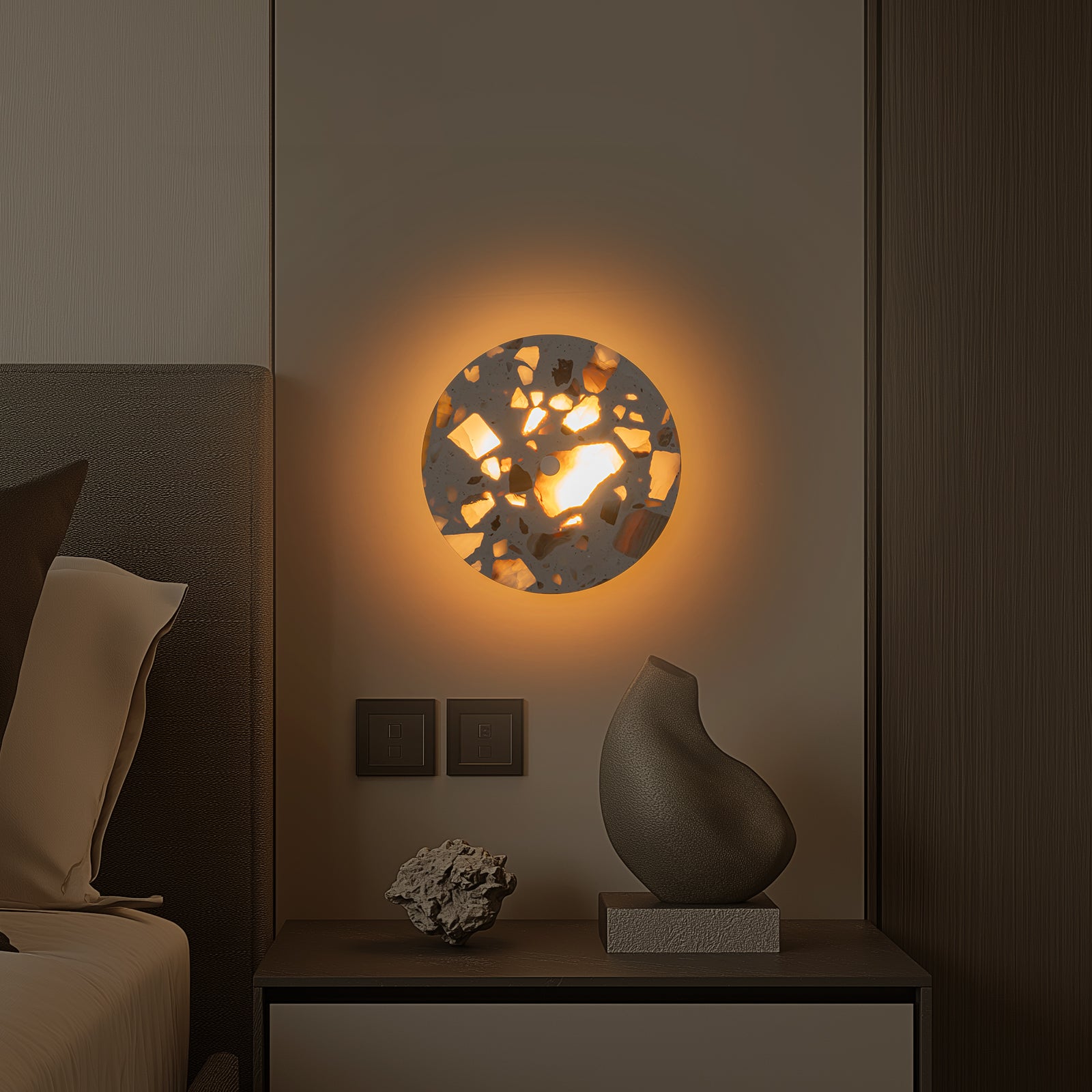 8.07 in. 1-Light Modern Round Dimmable LED Wall Sconce Light with Mable Terrazzo Shade for Bedroom Foyer Hallway