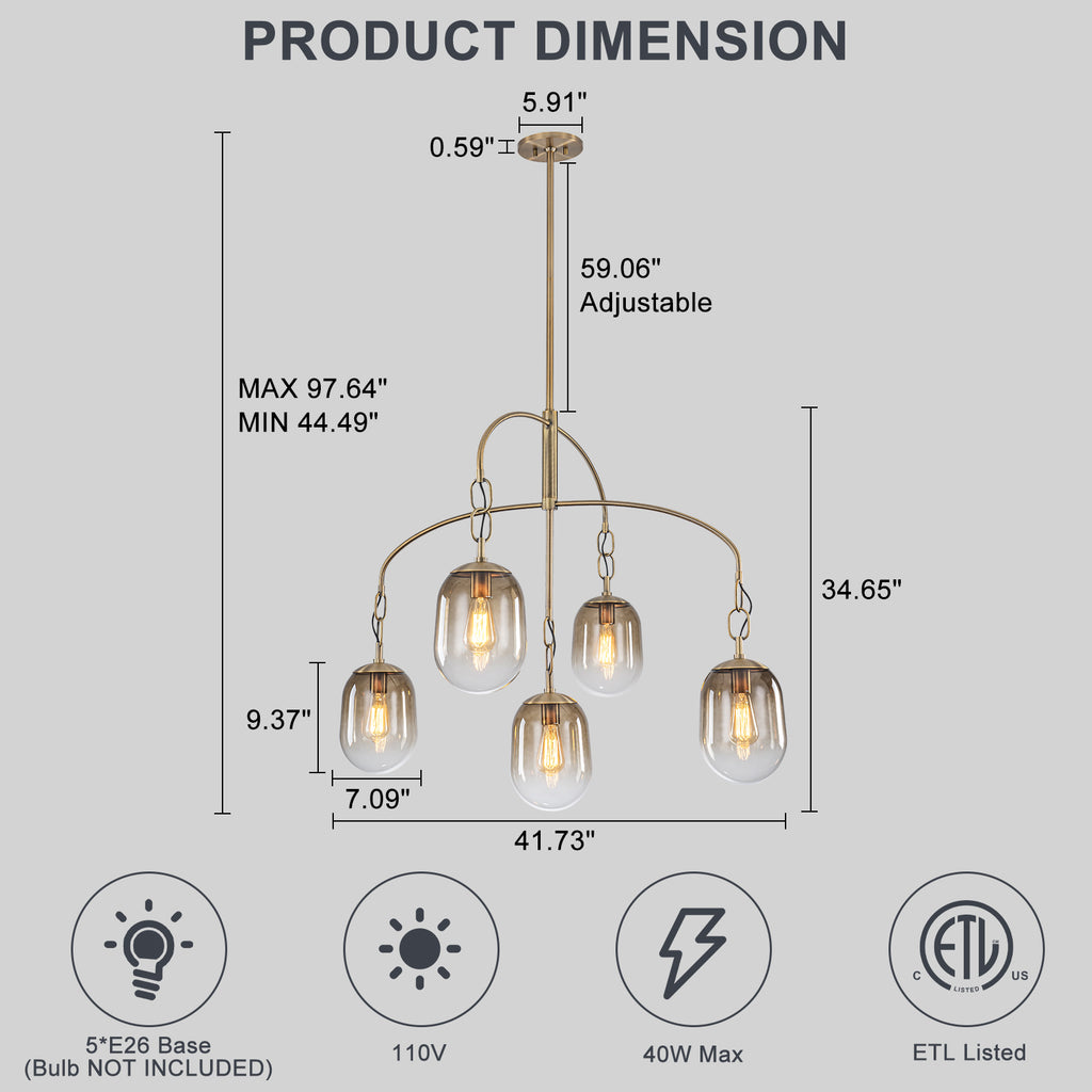 5/7-Light 2/3-Tier Antique Gold Metal Chandelier Pendant with Oval Glass Shades for Living Room, Kitchen Island