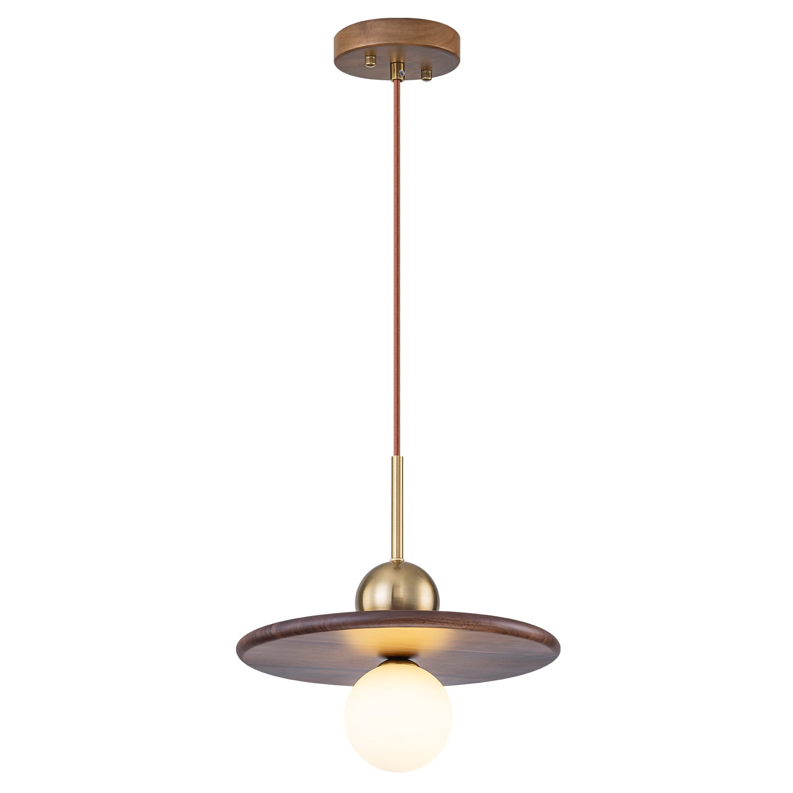25-Watt 1-Light Modern Gold and Wood Pendant Light with White Globe Glass Shade for Bedroom