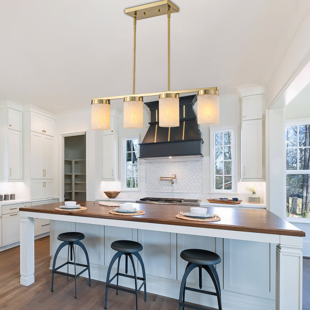 28.94 in. 4-Light Modern Copper Metal Linear Chandelier Island Pendant Light with Cylinder Glass Shades for Dining Room