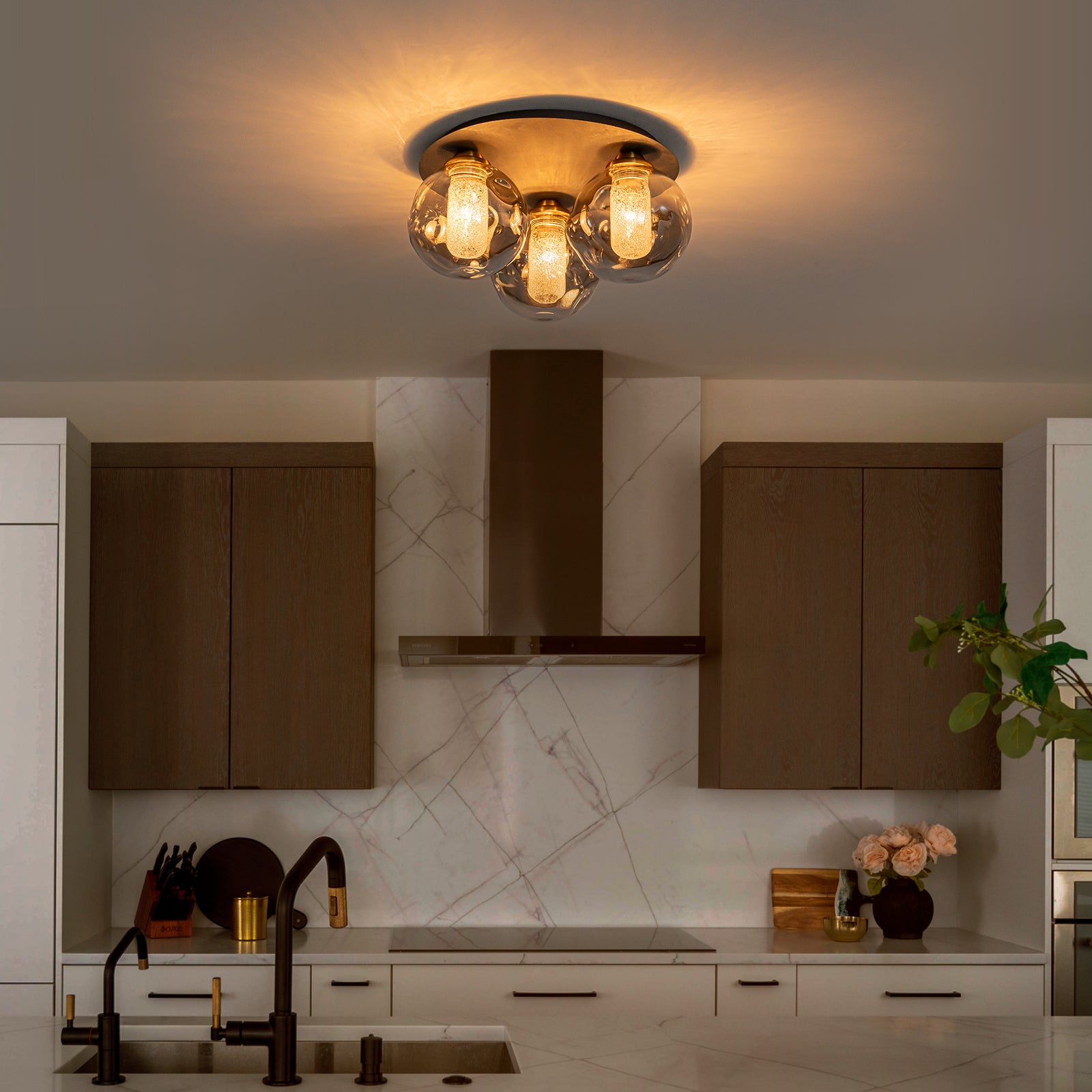 17.7 in. 3-Light Modern Black Metal Flush Mount Ceiling Light with Globe Smoky Gray Glass Shades for Dining Roo