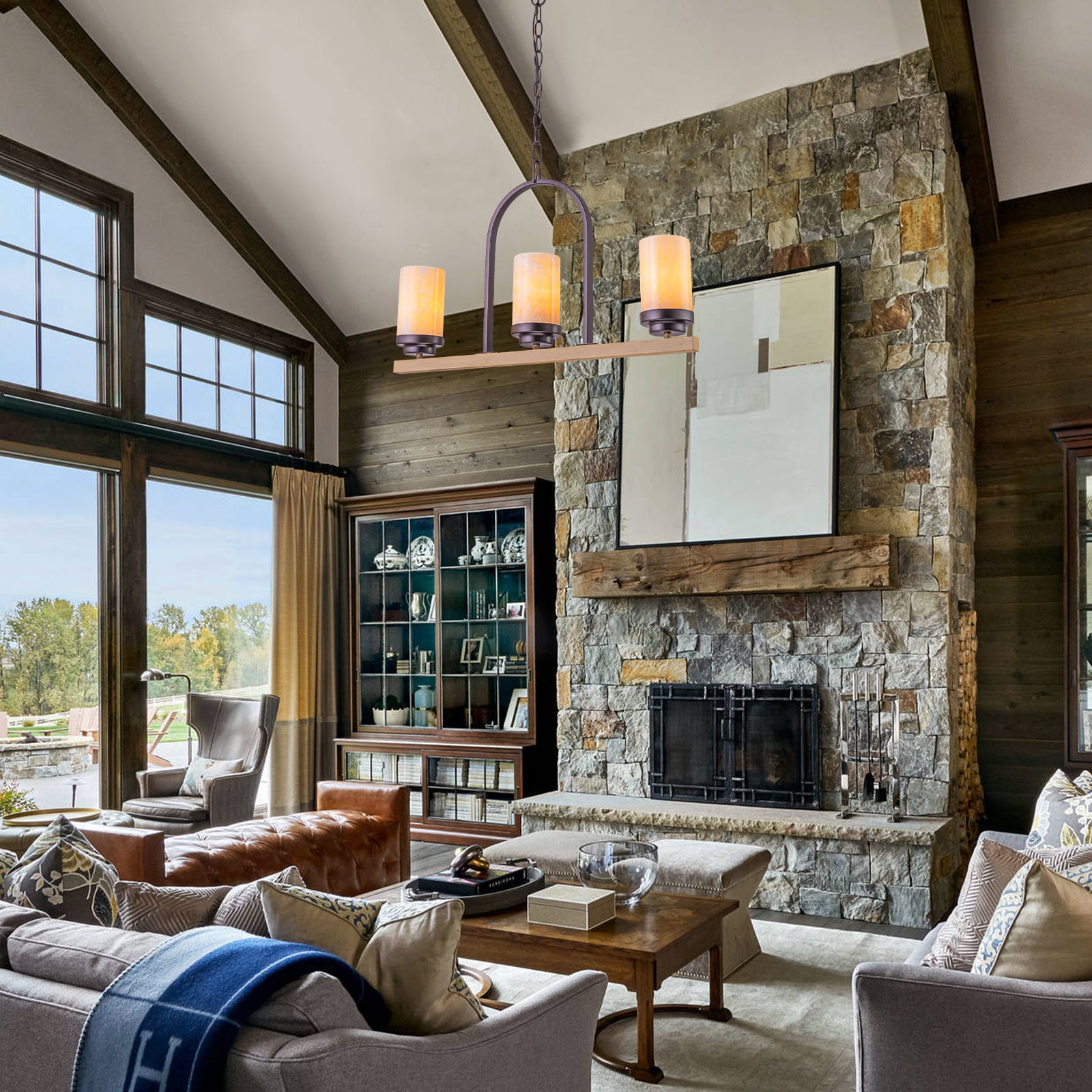 25 in. 3-Light Rustic Industrial Onyx Pendant Light w/Faux Wood Accent & U-Shaped Iron Frame
