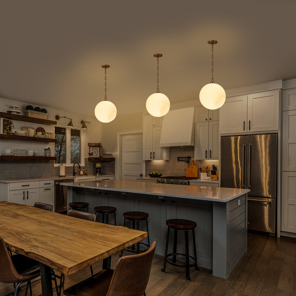 Chrome Modern Globe Hanging Pendant Light with White Bubble Glass Shade for Kitchen Island, Dining