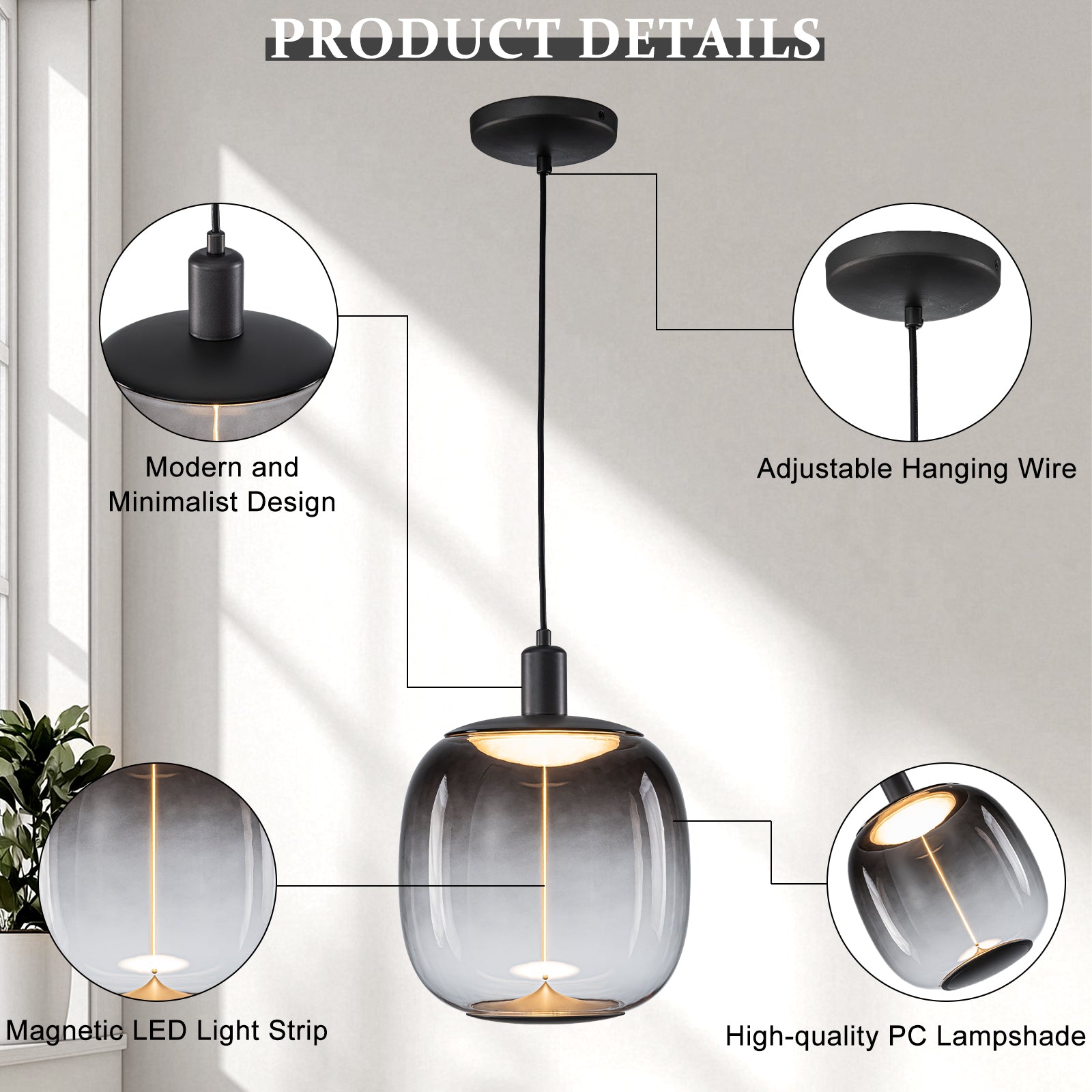 10-Watt 1-Light Modern Dimmable Integrated LED Pendant Light with Drum Shade for Kitchen Island