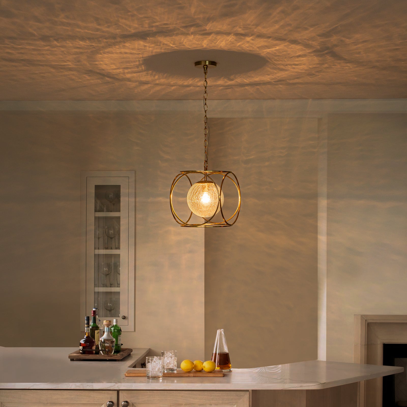 11.5 in. 1-Light Modern Copper Metal Pendant Light with Clear Crackle Globe Glass Shade for Kitchen Island, Dining Room