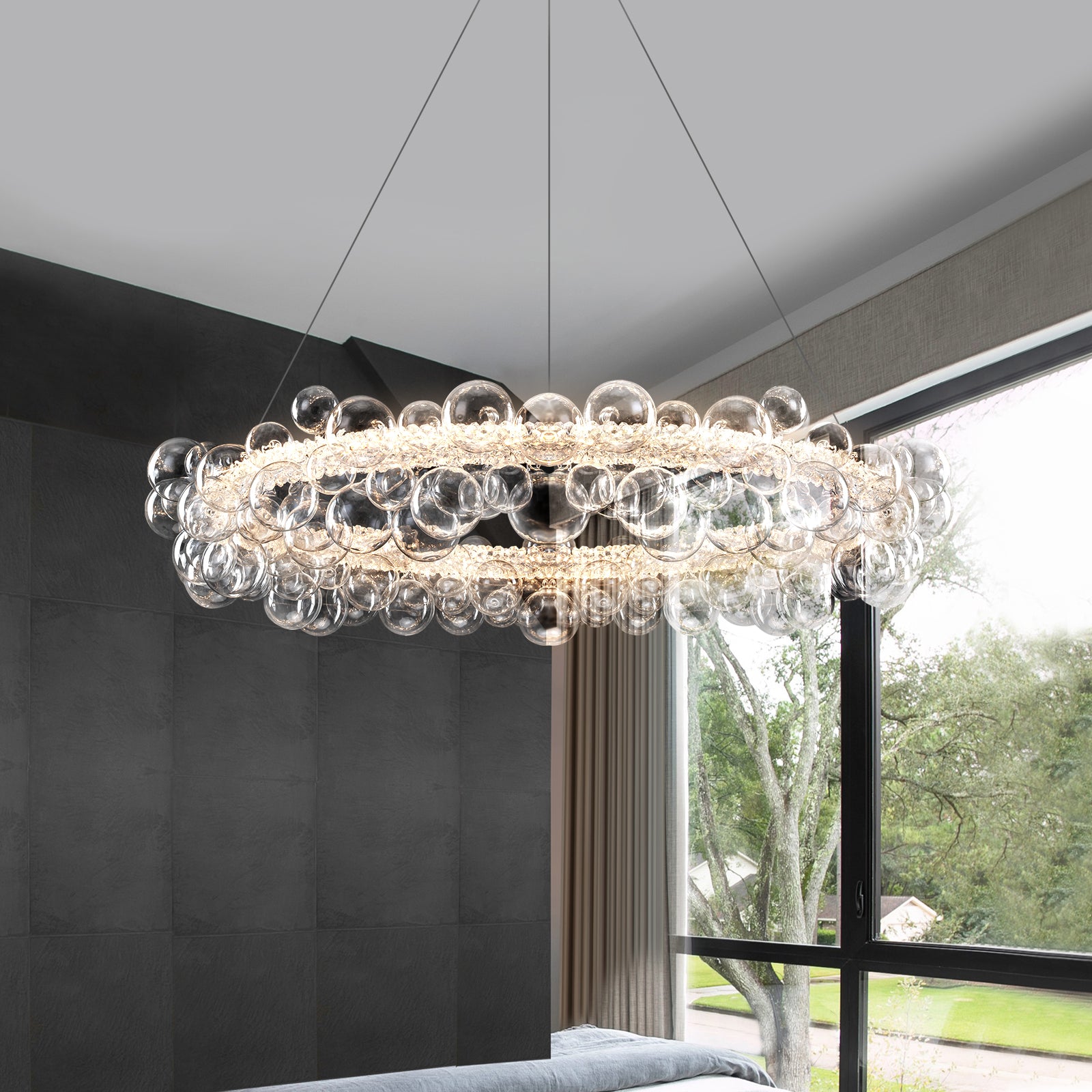 1-Light Gold Modern Round Globe Crystal Integrated LED Chandelier Dimmable Pendant Light with Glass Bubbles