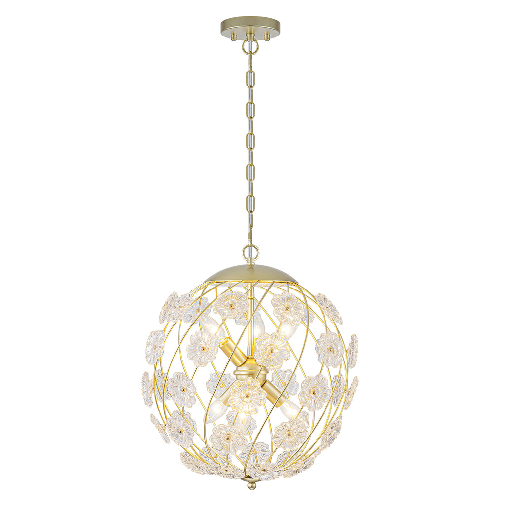 6-Light Modern Metal Gold Globe Cage Chandelier with Glass Flower Shade for Living Room, Dining, Bedroom