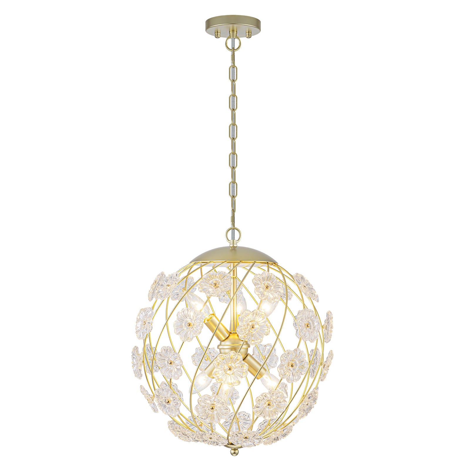 6-Light Modern Metal Gold Globe Cage Chandelier with Glass Flower Shade for Living Room, Dining, Bedroom