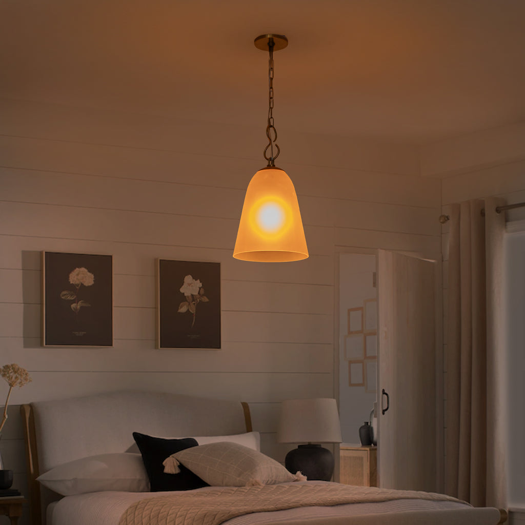 1-Light Modern Gold Bell Shaped Chandelier Hanging Light with Champagne-Colored Glass Shade for Dining Room