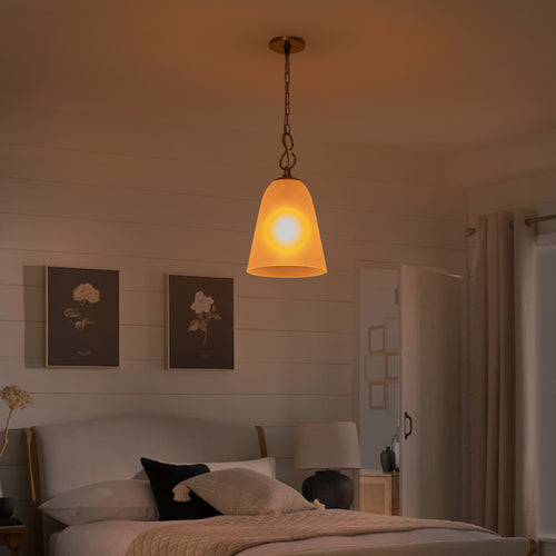 1-Light Modern Gold Bell Shaped Chandelier Hanging Light with Champagne-Colored Glass Shade for Dining Room