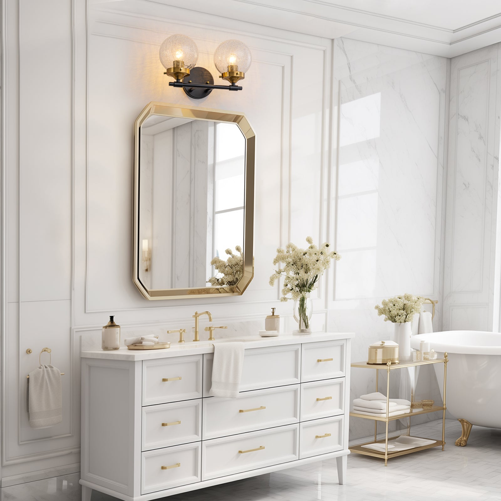 13.62 in. 2-Light Matte Black and Gold Metal Vanity Light with Clear Glass Shades for Bathroom