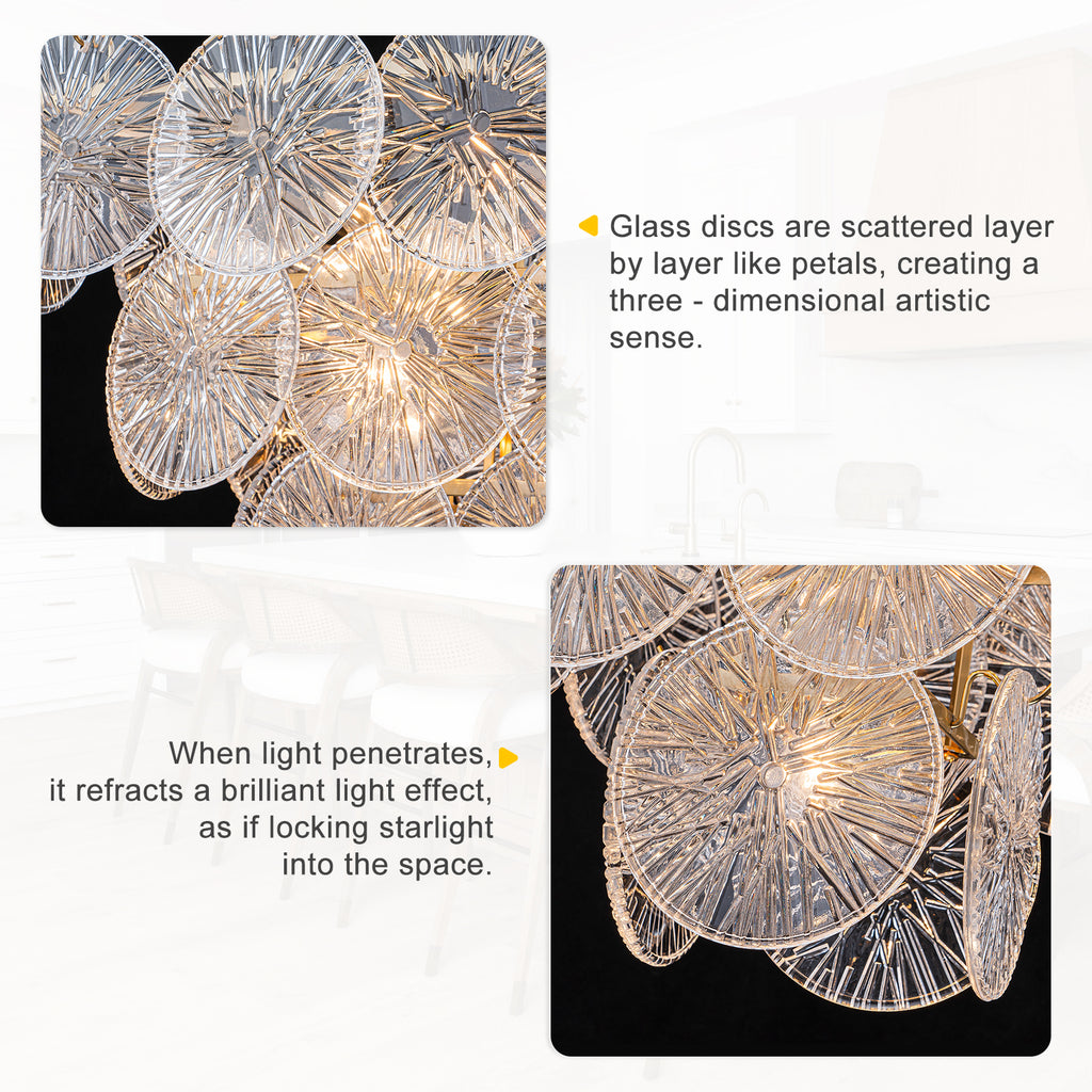 24 in. 13-Light Modern Gold Square Tiered Chandelier with Textured Clear Glass Petal Shades for Living Room