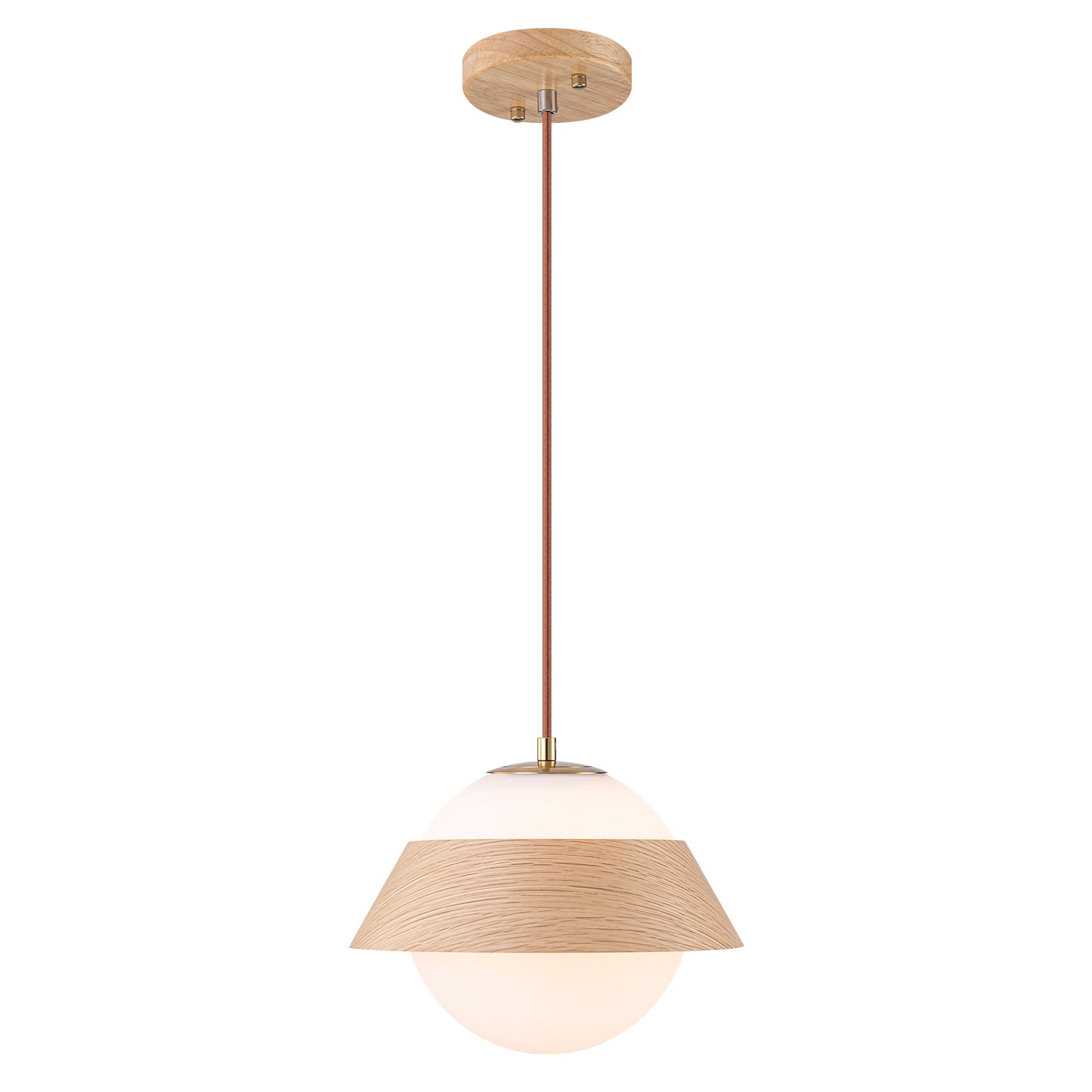 10.63 in. 1-Light Wooden Globe Hanging Pendant Light with White Glass Shade for Kitchen Island, Bedroom