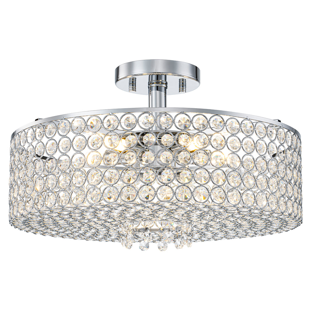 5-Light Chrome Round Modern Semi-Flush Mount Ceiling Light with Beaded Drum Crystal Shade for Living Room
