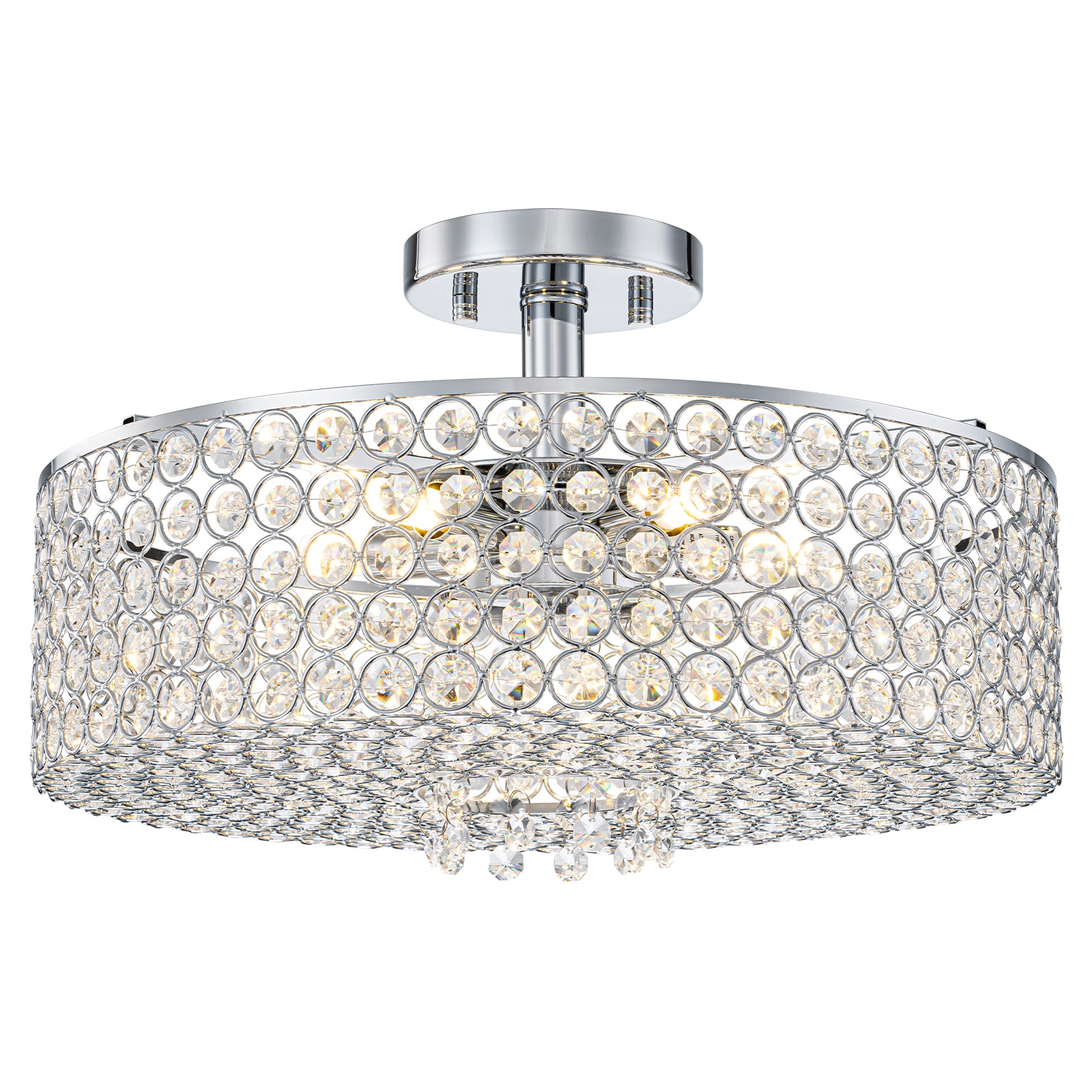 5-Light Chrome Round Modern Semi-Flush Mount Ceiling Light with Beaded Drum Crystal Shade for Living Room