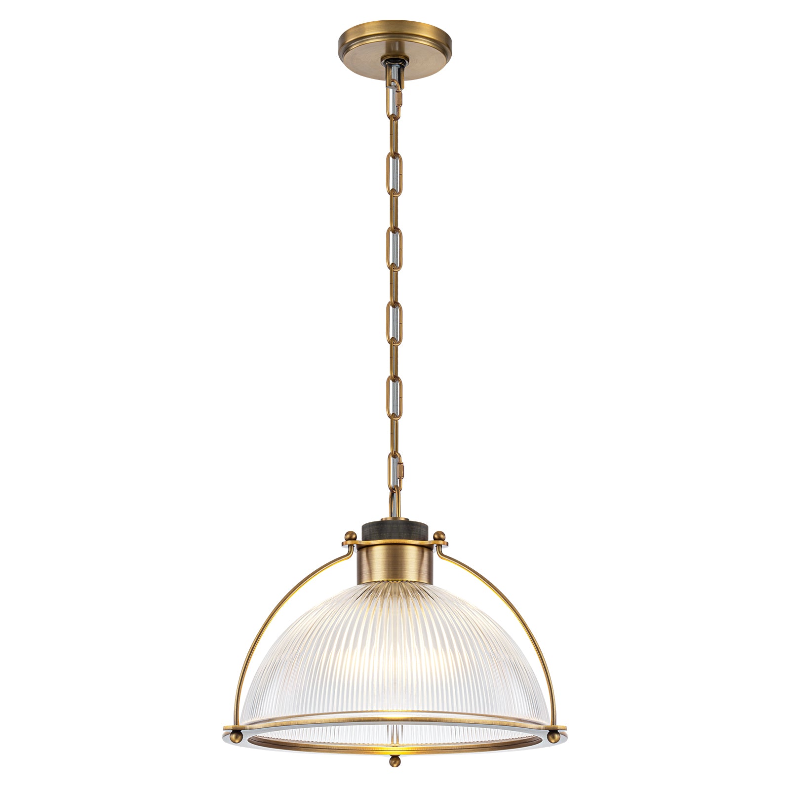 1-Light Industrial Brass Metal Dome Pendant Light with Clear Glass Shade for Kitchen Island, Dining Room