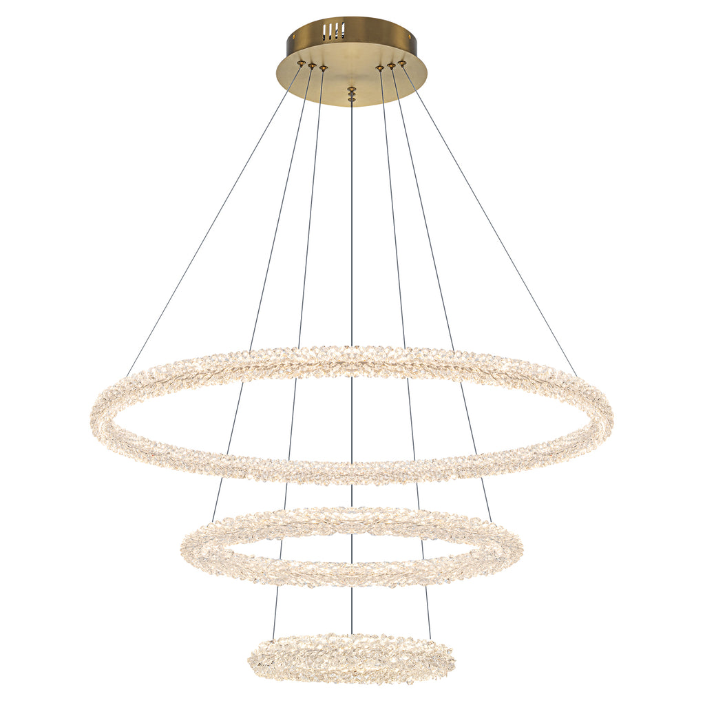 3-Light Modern Gold Ring Dimmable Integrated LED Chandelier Tiered Pendant Light with Crystal for Dining Room