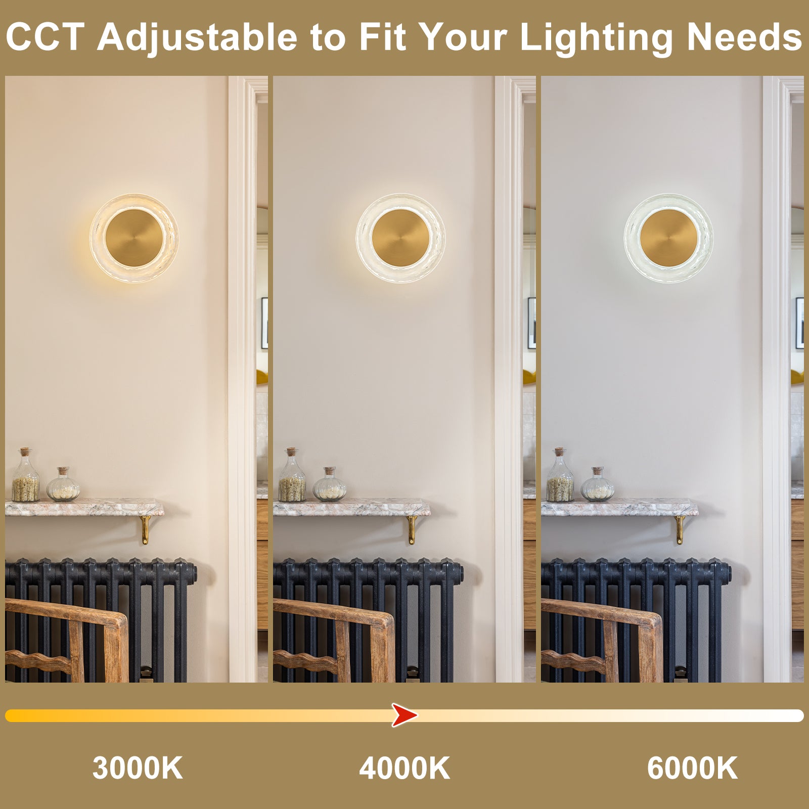 7.48 in. Modern Brass Round Dimmable Integrated LED Wall Sconce Clear Glass Bathroom Vanity Light