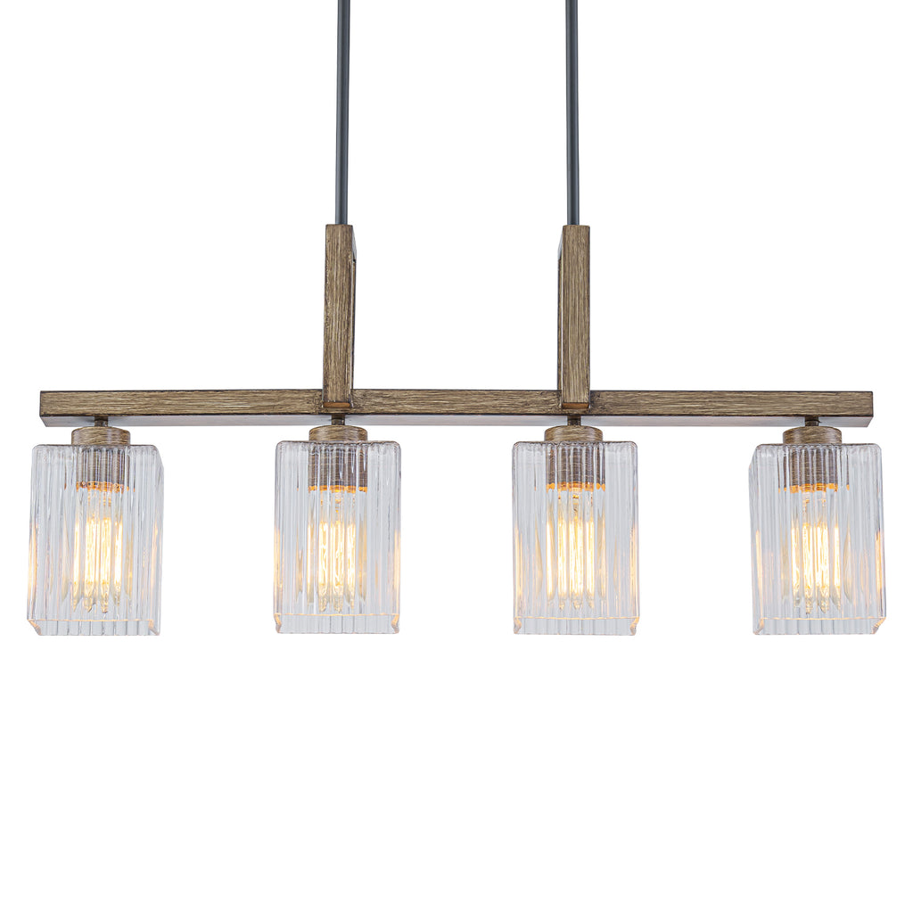 30.5 in. 4-Light Modern Farmhouse Matte Black Linear Chandelier with Faux Wood Accent Island Pendant with Glass Shades