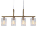 30.5 in. 4-Light Modern Farmhouse Matte Black Linear Chandelier with Faux Wood Accent Island Pendant with Glass Shades