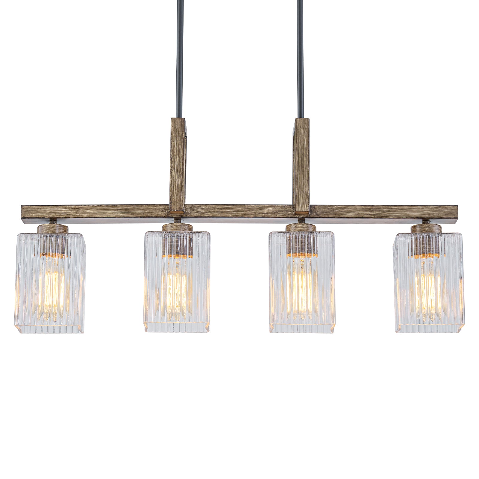 30.5 in. 4-Light Modern Farmhouse Matte Black Linear Chandelier with Faux Wood Accent Island Pendant with Glass Shades