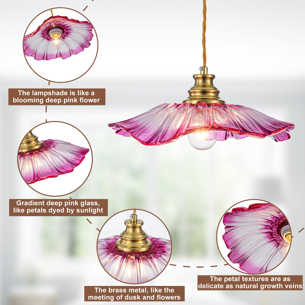 11.02 in. 1-Light Modern Pink Hanging Pendant Light with Flower Shaped Glass Shade for Bedroom, Kitchen Island