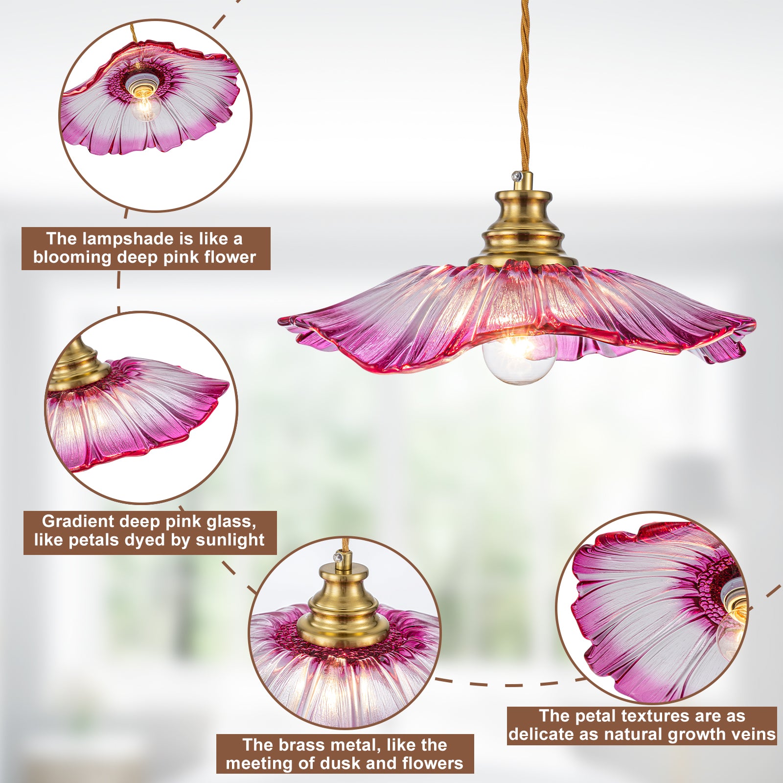 11.02 in. 1-Light Modern Pink Hanging Pendant Light with Flower Shaped Glass Shade for Bedroom, Kitchen Island