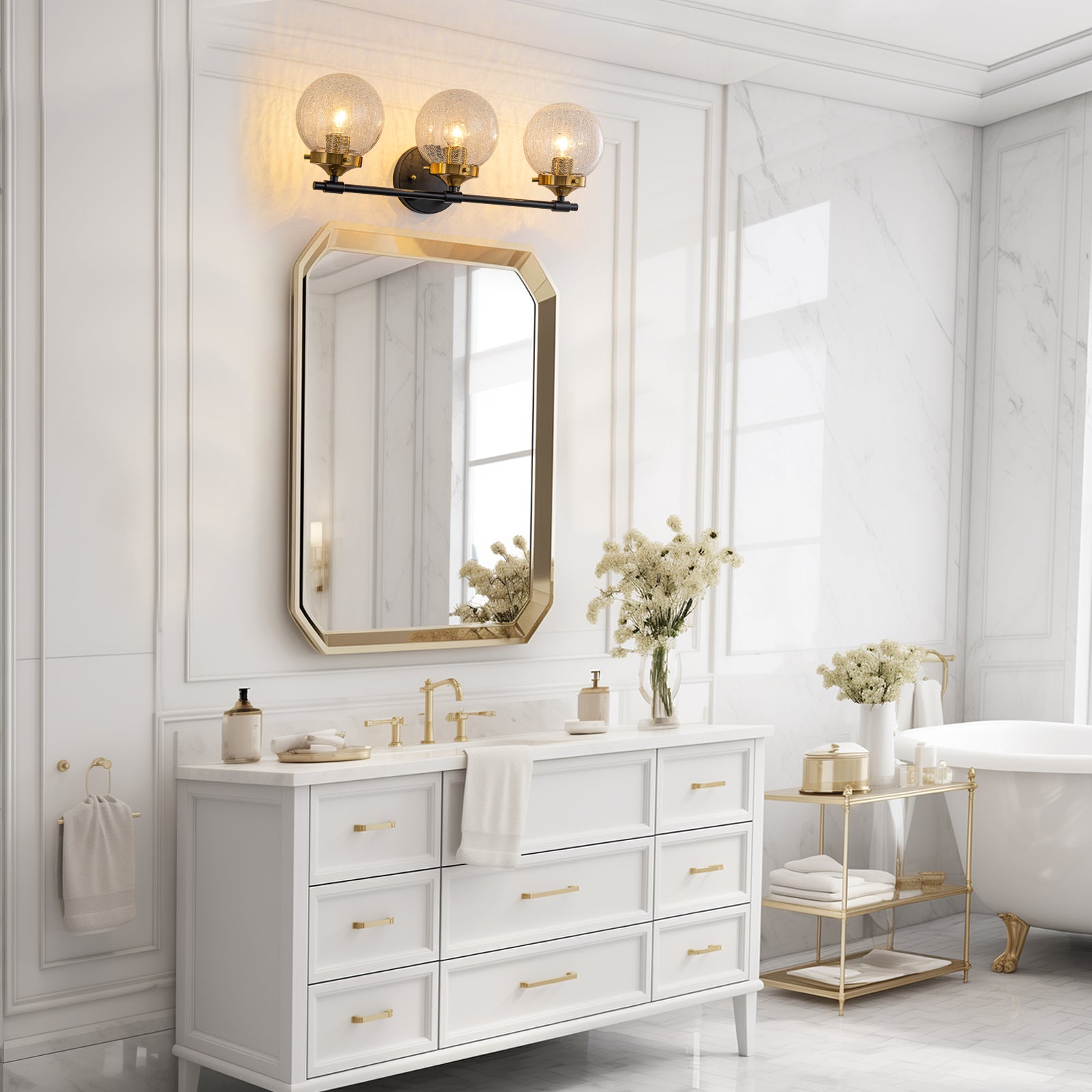 21.73 in. 3-Light Matte Black and Gold Metal Vanity Light with Clear Glass Shades for Bathroom