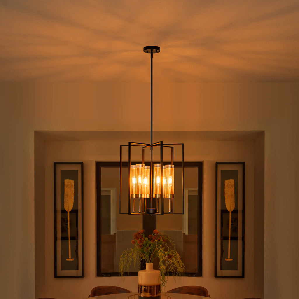 17.72 in. 6-Light Industrial Black Iron Geometric Chandelier with Clear Glass Shades for Kitchen Island Foyers Hallway
