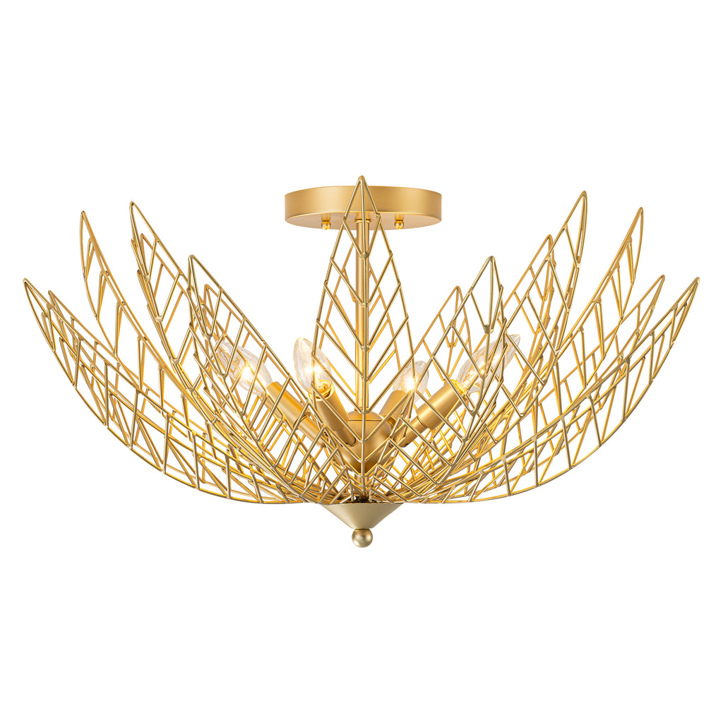 26 in. 4-Light Modern Luxury Gold Bowl Semi-Flush Mount Ceiling Light with Metal Leaf Shade