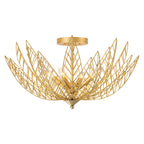 26 in. 4-Light Modern Luxury Gold Bowl Semi-Flush Mount Ceiling Light with Metal Leaf Shade
