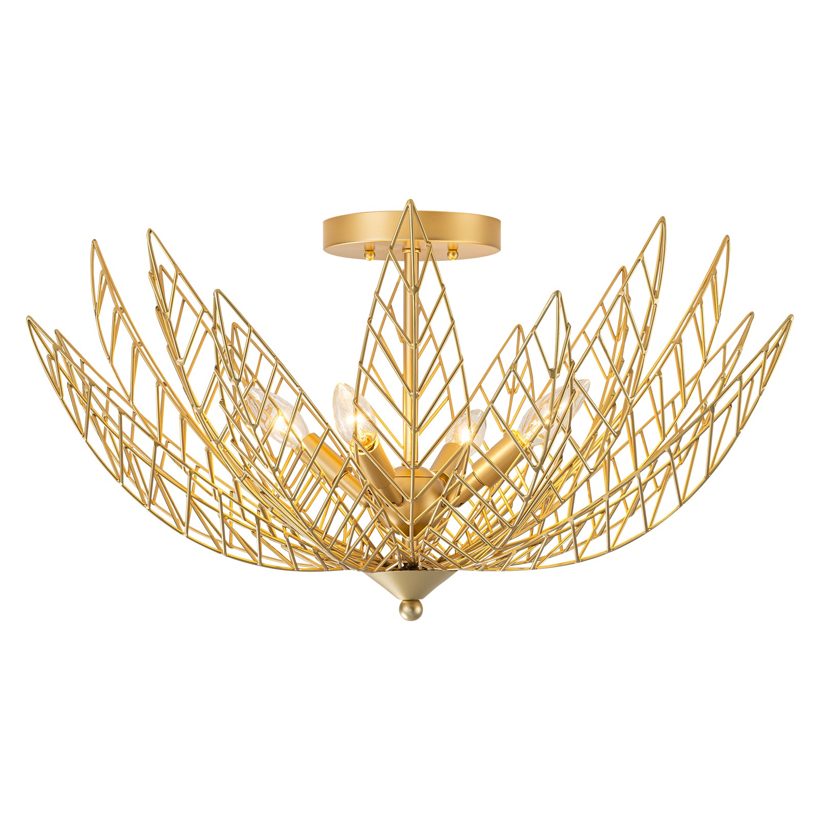 26 in. 4-Light Modern Luxury Gold Bowl Semi-Flush Mount Ceiling Light with Metal Leaf Shade