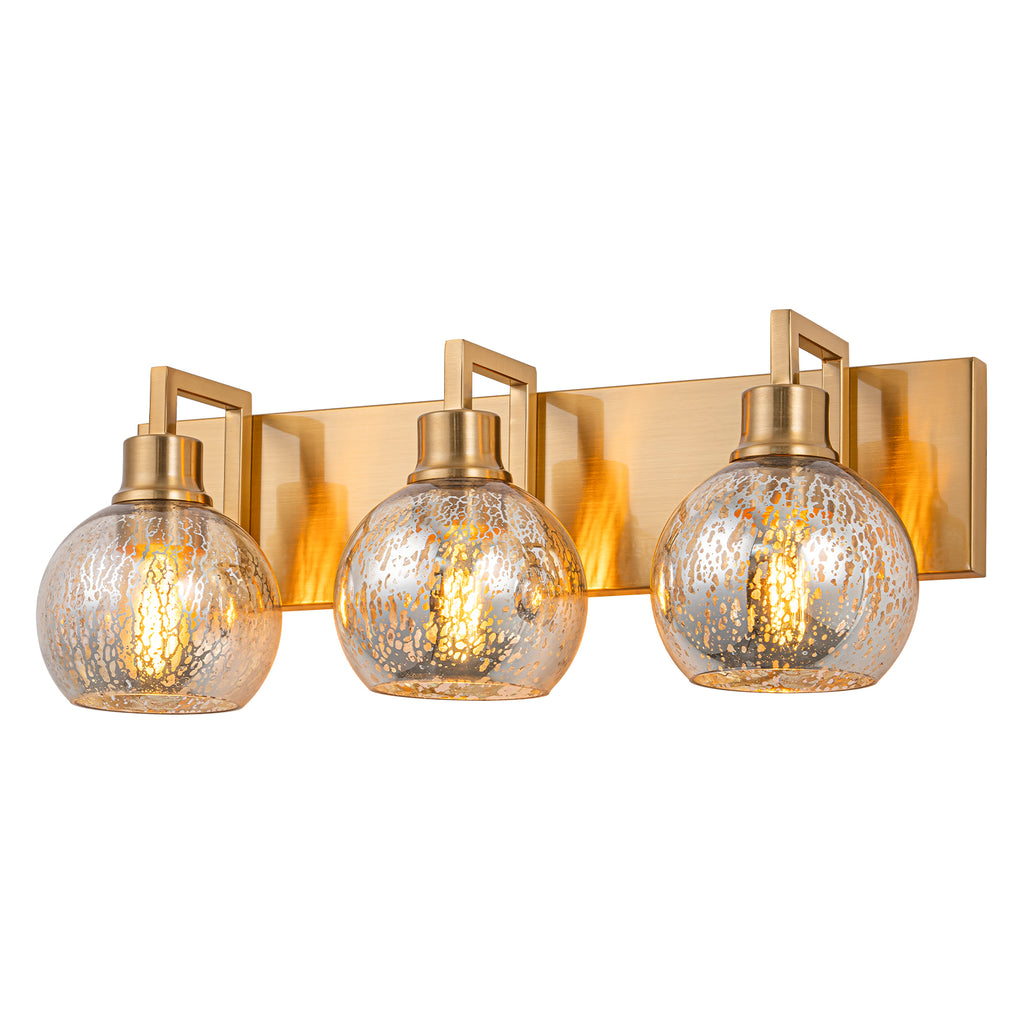 20.47 in. 3-Light Modern Gold Metal Linear Bathroom Vanity Light with Globe Mercury Glass Shades