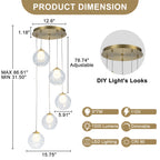 5-Light Modern Gold Metal LED Chandelier Pendant Light with Clear Globe Shades for Entryway, Living Room