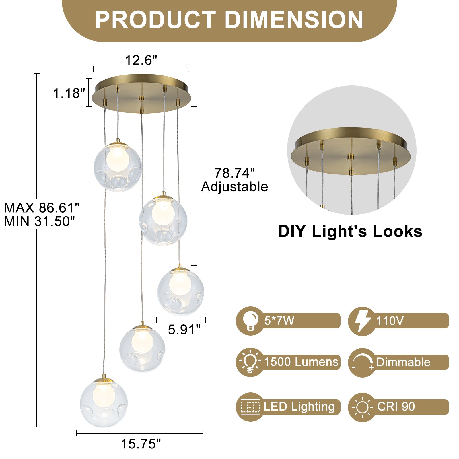 5-Light Modern Gold Metal LED Chandelier Pendant Light with Clear Globe Shades for Entryway, Living Room