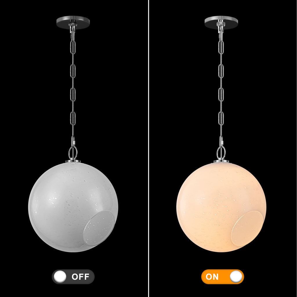 Chrome Modern Globe Hanging Pendant Light with White Bubble Glass Shade for Kitchen Island, Dining