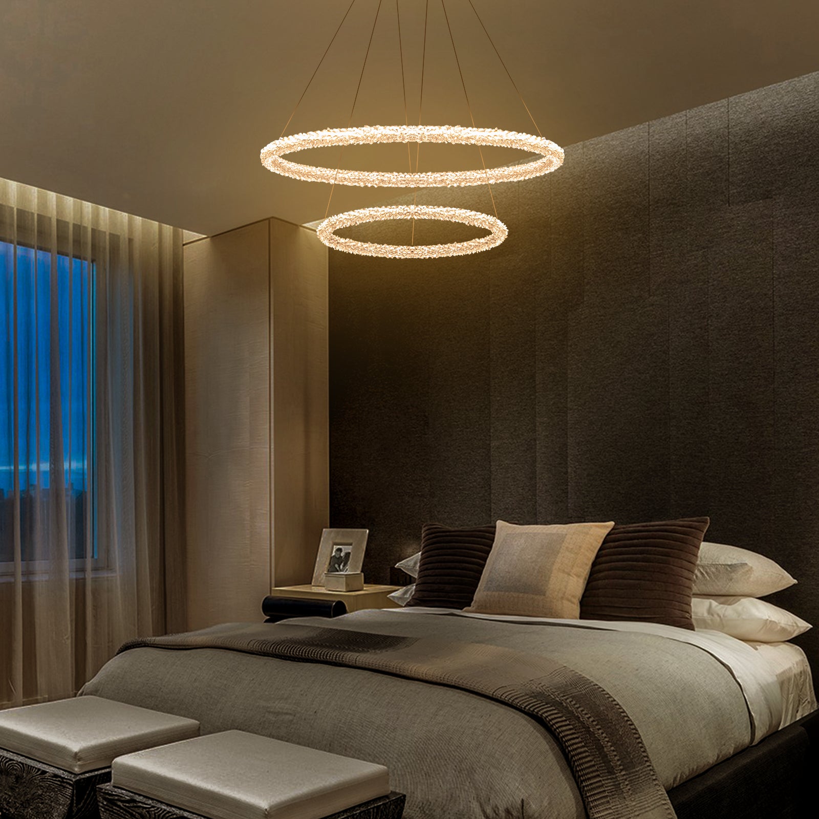 2-Light Modern Gold Double Ring Dimmable Integrated LED Chandelier Tiered Pendant Light with Crystal for Dining Room