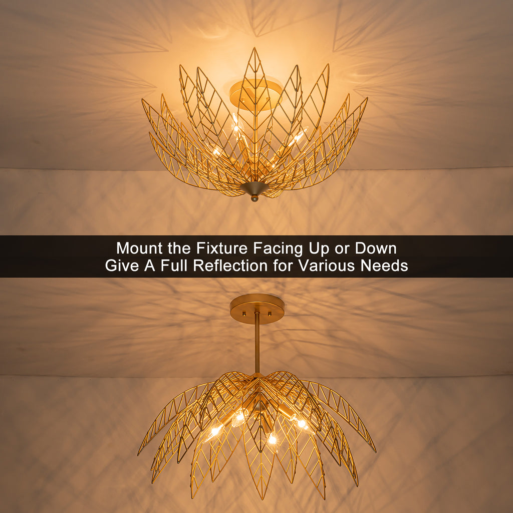 26 in. 4-Light Modern Luxury Gold Bowl Semi-Flush Mount Ceiling Light with Metal Leaf Shade