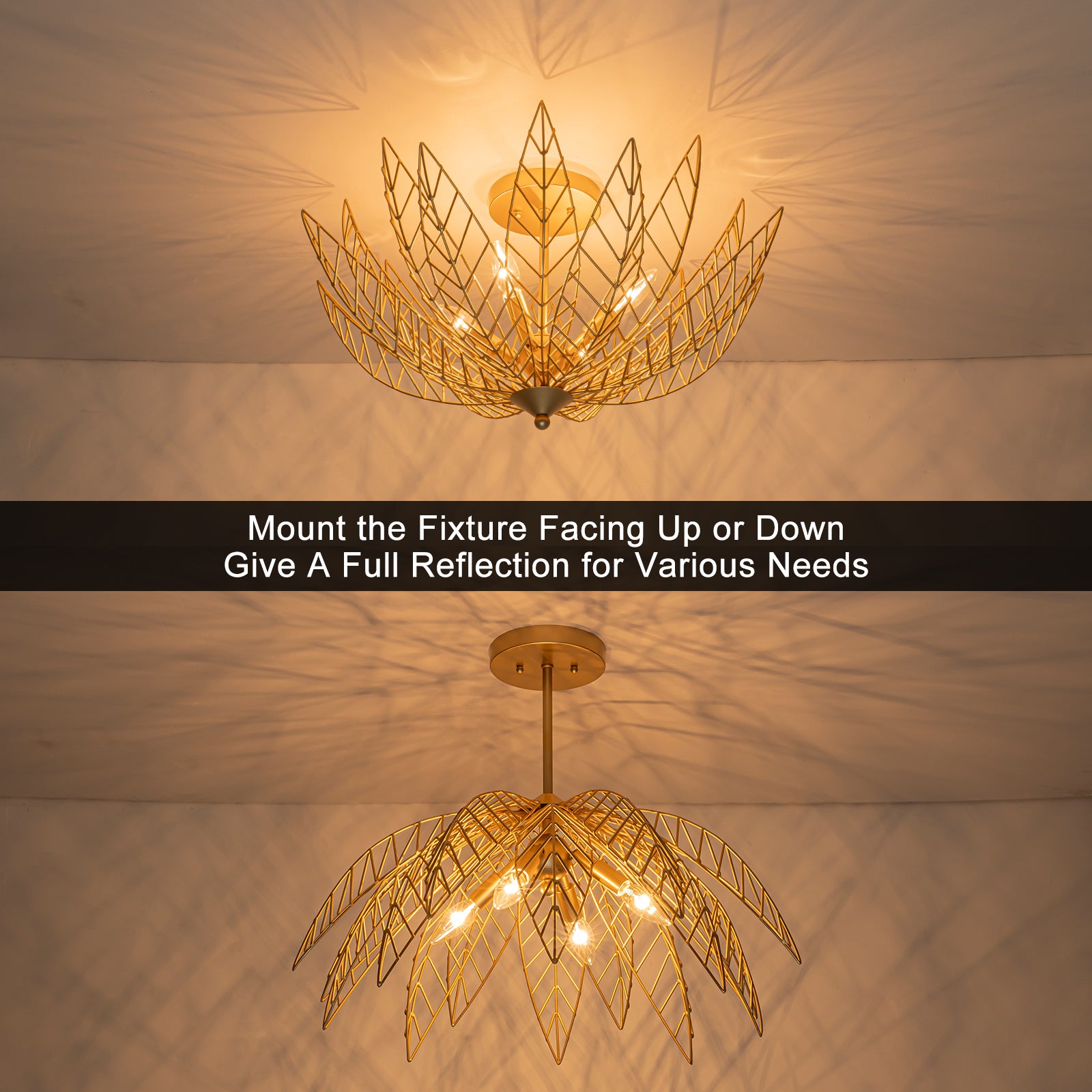 26 in. 4-Light Modern Luxury Gold Bowl Semi-Flush Mount Ceiling Light with Metal Leaf Shade