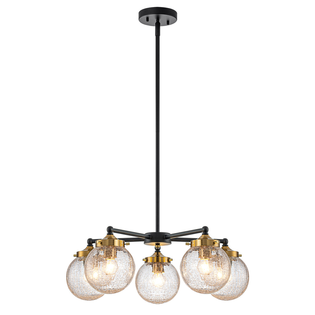 22.44 in. 5-Light Modern Black Branch Chandelier with Clear Cracked Glass Shades for Kitchen Island, Living Room