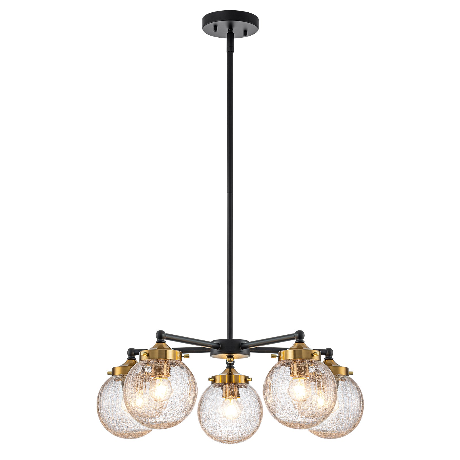 22.44 in. 5-Light Modern Black Branch Chandelier with Clear Cracked Glass Shades for Kitchen Island, Living Room
