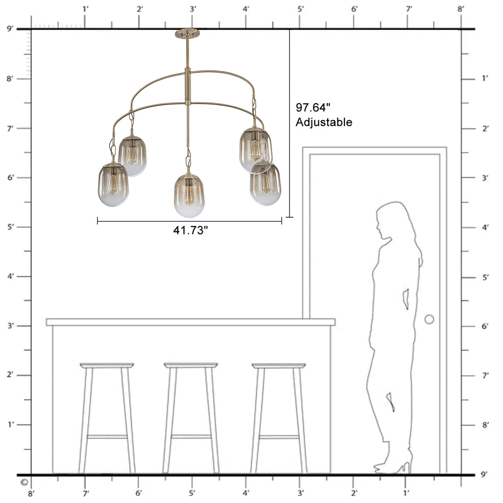 5/7-Light 2/3-Tier Antique Gold Metal Chandelier Pendant with Oval Glass Shades for Living Room, Kitchen Island