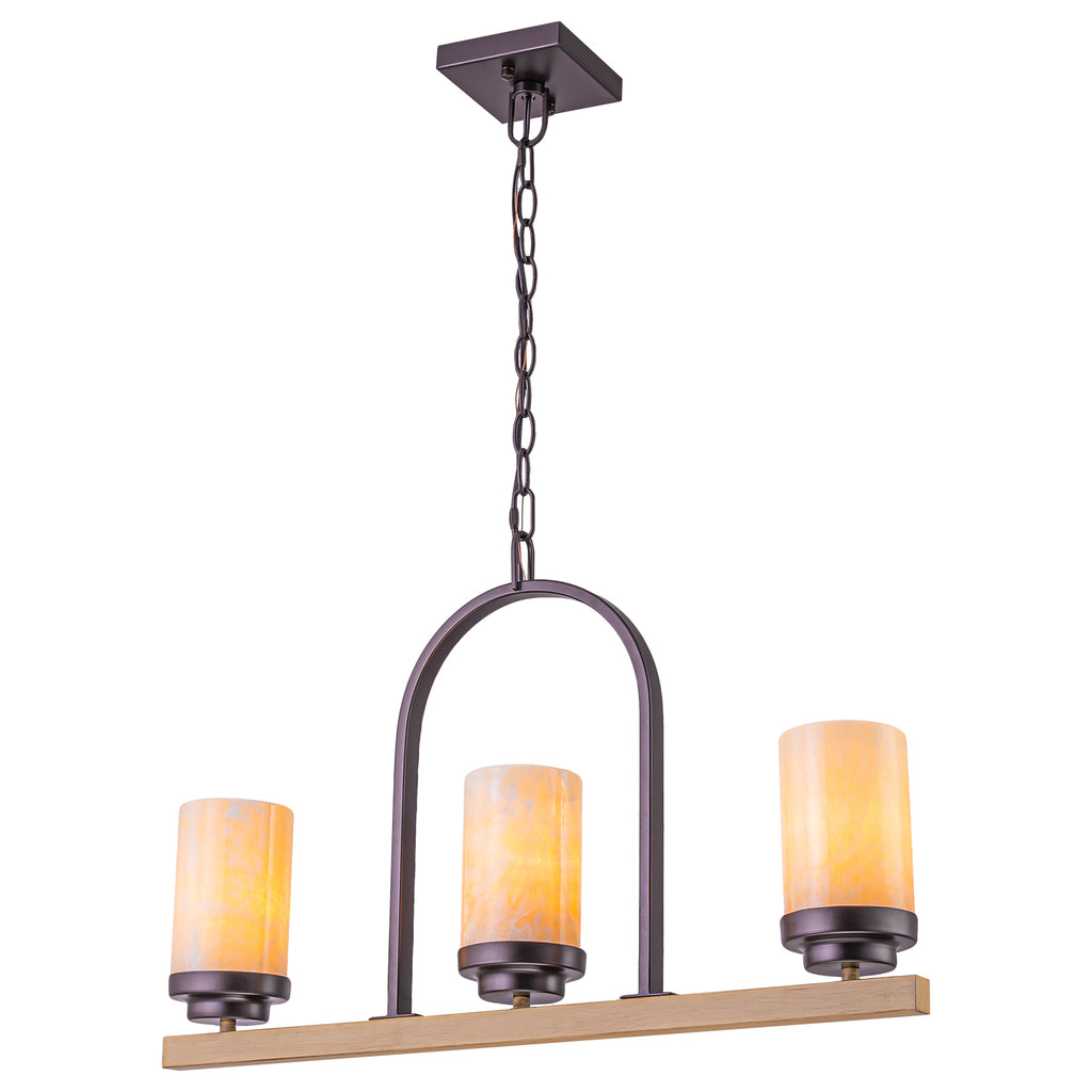 25 in. 3-Light Rustic Industrial Onyx Pendant Light w/Faux Wood Accent & U-Shaped Iron Frame