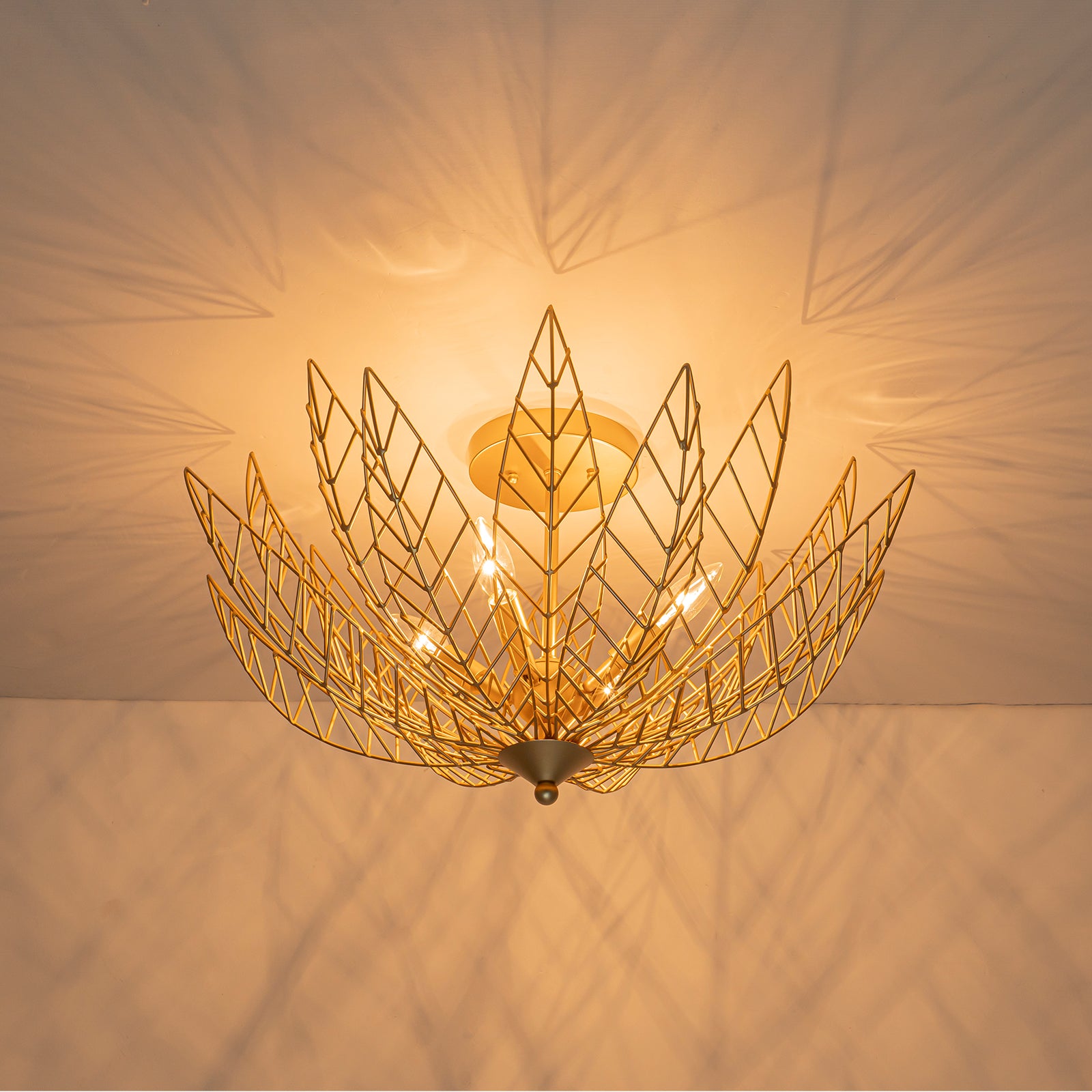 26 in. 4-Light Modern Luxury Gold Bowl Semi-Flush Mount Ceiling Light with Metal Leaf Shade